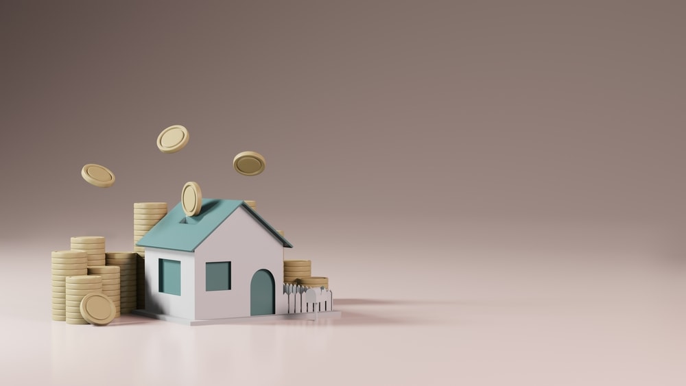 3d model of a country house with a fence and coins around it.