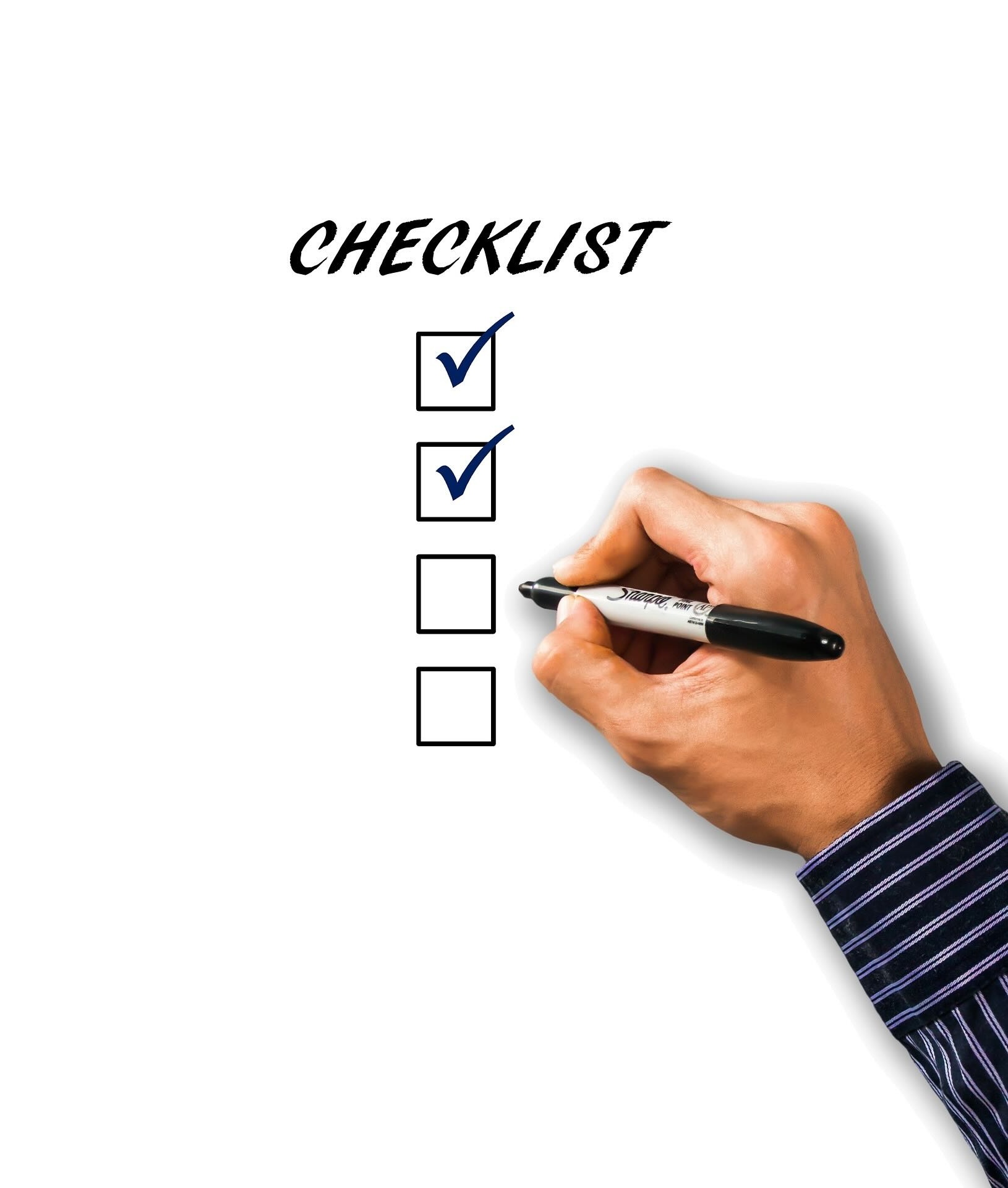 Vertical checklist of checkboxes, two checked in blue, two unchecked, and male hand holding a black marker poised by the next empty box