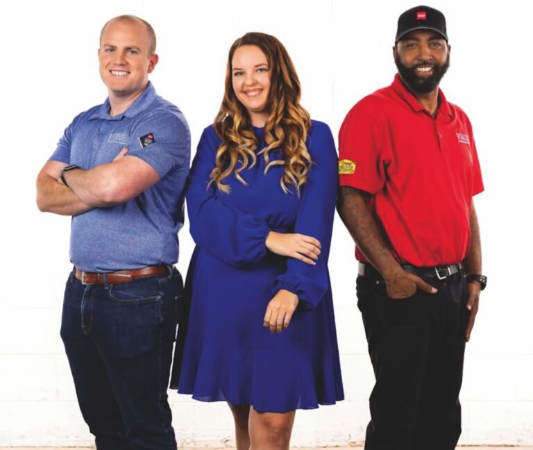 3 smiling people: a Caucasian young man, a Caucasian young woman, and a middle-aged Black man stand - Pinnacle Home Improvements